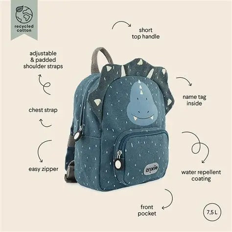 Trixie - School Essential Set of 3 - Backpack Regular 12-Inch/7.5L + Leakproof Lunch Box with Clips + Stainless Steel Water Bottle 500ml - Mr. Triceratops
