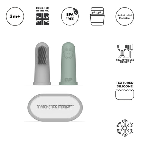 2 x Finger Toothbrush and Case - Grey and Mint Green