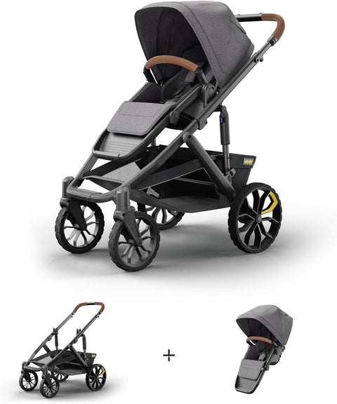 Veer Switch&Roll Leather Kit | Premium All-Terrain Convertible Stroller System with Switchback Seat, &Roll Frame, Napa Leather Handle & Bumper Bar Grips | Gray Granite