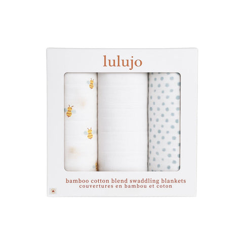 3-Pack Bamboo Muslin Swaddle Blankets - Bees, Dots & White