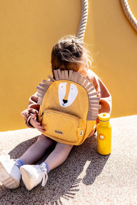 Trixie - School Essential Set of 3 - Backpack Regular 12-Inch/7.5L + Leakproof Lunch Box with Clips + Stainless Steel Water Bottle 500ml - Mr. Lion