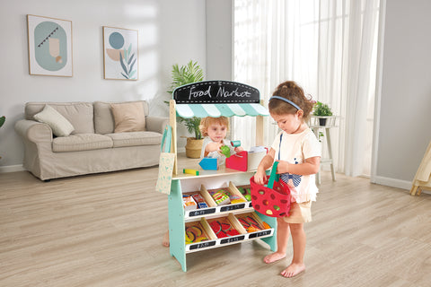 Wooden Farmers Market Stall Playset w/ Accessories 50pcs