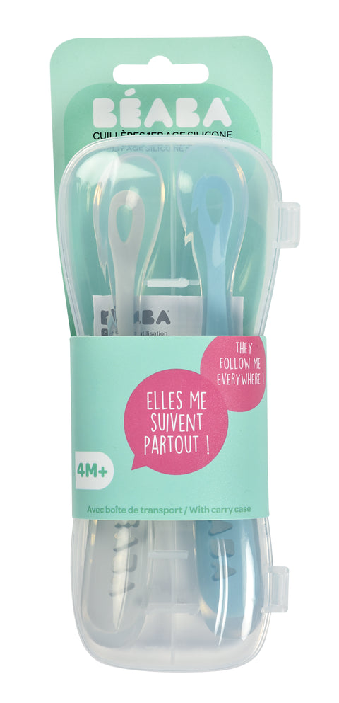Beaba Silicone Spoon 1st Age Set Of 2 + Box Windy Blue