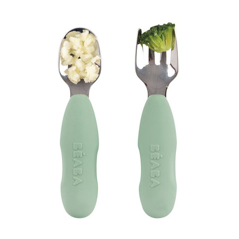 Beaba Set of 2 Stainless Steel Pre-Cutlery Sage Green