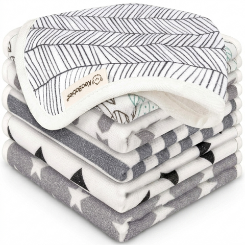 KeaBabies 6-Pack Cami Baby Washcloths, Ultra Soft Absorbent Baby Wash Cloth Set for Bath Time, Feeding & Daily Care, Grayscale
