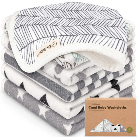 KeaBabies 6-Pack Cami Baby Washcloths, Ultra Soft Absorbent Baby Wash Cloth Set for Bath Time, Feeding & Daily Care, Grayscale