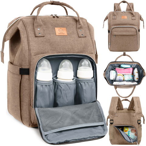 KeaBabies Original Diaper Bag, Coffee Brown, Large, Multi-Functional, Organized Compartments, Durable & Stylish, Travel Baby Bag
