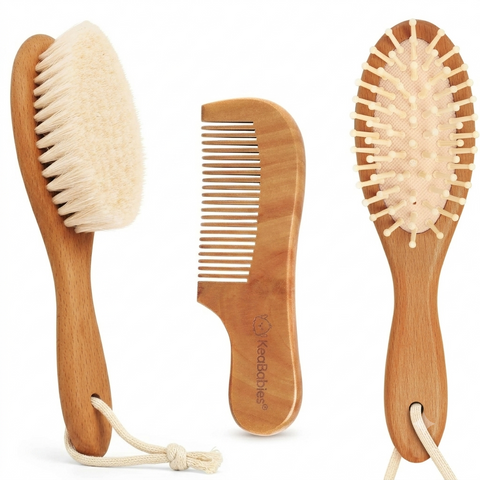 KeaBabies Baby Hair Brush and Comb Set, Soft Goat Bristle Brush for Newborns, Gentle Scalp Care & Cradle Cap Grooming Set, Golden Oak