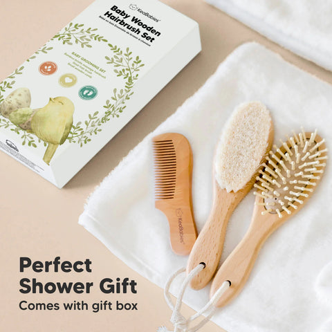 KeaBabies Baby Hair Brush and Comb Set, Soft Goat Bristle Brush for Newborns, Gentle Scalp Care & Cradle Cap Grooming Set, Golden Oak