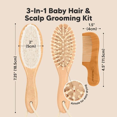 KeaBabies Baby Hair Brush and Comb Set, Soft Goat Bristle Brush for Newborns, Gentle Scalp Care & Cradle Cap Grooming Set, Golden Oak