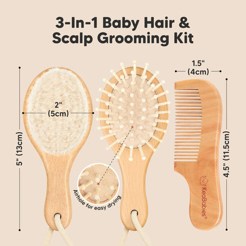 KeaBabies Baby Hair Brush and Comb Set, Soft Goat Bristle Brush for Newborns, Gentle Scalp Care & Cradle Cap Grooming Set, Golden Oak