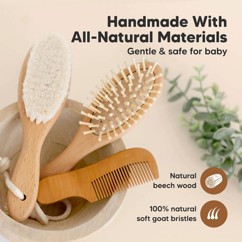 KeaBabies Baby Hair Brush and Comb Set, Soft Goat Bristle Brush for Newborns, Gentle Scalp Care & Cradle Cap Grooming Set, Golden Oak