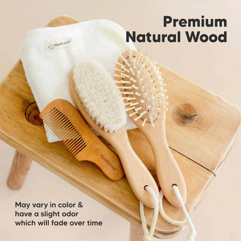 KeaBabies Baby Hair Brush and Comb Set, Soft Goat Bristle Brush for Newborns, Gentle Scalp Care & Cradle Cap Grooming Set, Golden Oak