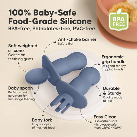 KeaBabies Lil’ Prep Baby Fork & Spoon Set, 2-Sets, Soft Handle, Easy Grip, Safe BPA Free, Mellow