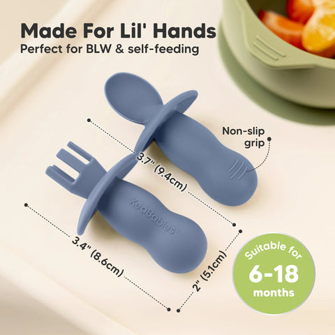 KeaBabies Lil’ Prep Baby Fork & Spoon Set, 2-Sets, Soft Handle, Easy Grip, Safe BPA Free, Mellow