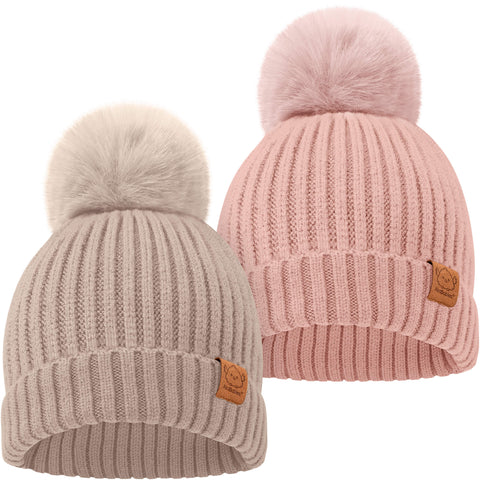 KeaBabies 2-Pack Pom Knitted Beanie, Soft Warm Baby Winter Hat for Newborns & Infants, Stretchy Knit Beanie with Pom Pom Design, Fawn
