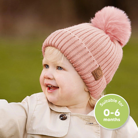 KeaBabies 2-Pack Pom Knitted Beanie, Soft Warm Baby Winter Hat for Newborns & Infants, Stretchy Knit Beanie with Pom Pom Design, Fawn