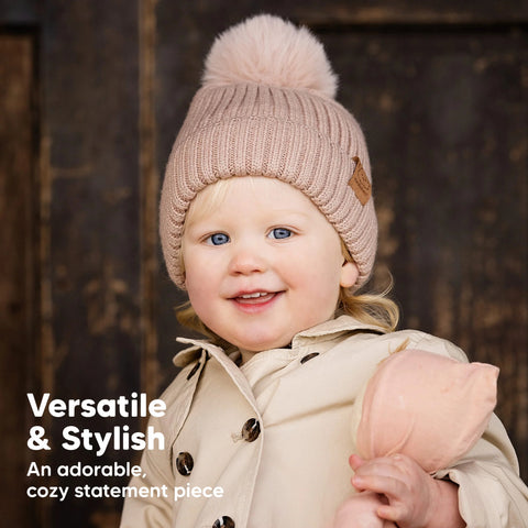 KeaBabies 2-Pack Pom Knitted Beanie, Soft Warm Baby Winter Hat for Newborns & Infants, Stretchy Knit Beanie with Pom Pom Design, Fawn