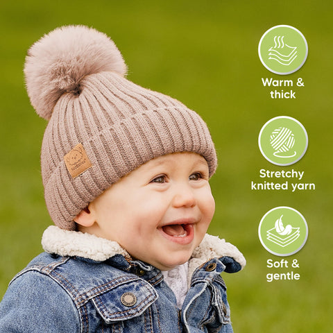 KeaBabies 2-Pack Pom Knitted Beanie, Soft Warm Baby Winter Hat for Newborns & Infants, Stretchy Knit Beanie with Pom Pom Design, Fawn