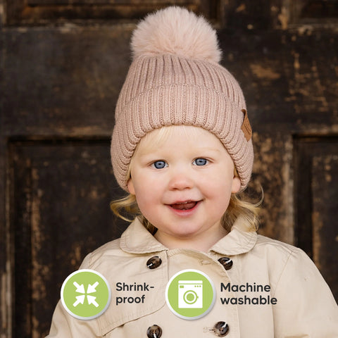 KeaBabies 2-Pack Pom Knitted Beanie, Soft Warm Baby Winter Hat for Newborns & Infants, Stretchy Knit Beanie with Pom Pom Design, Fawn