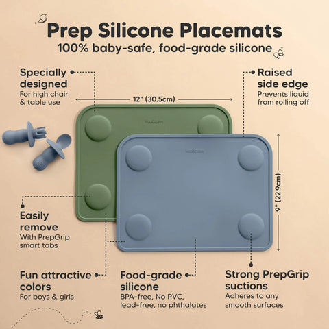 KeaBabies Prep Silicone Baby Placemats, 2-Pack, Non-Slip, Easy Clean, Durable, Food Catcher, Sage