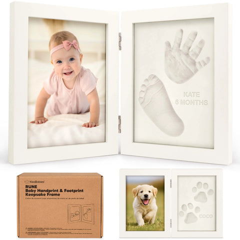 KeaBabies Rune Hand & Footprint Keepsake Frame, Alpine White, Inkless Baby Handprint Footprint Kit, Elegant Memory Frame, Newborn Keepsake Gift