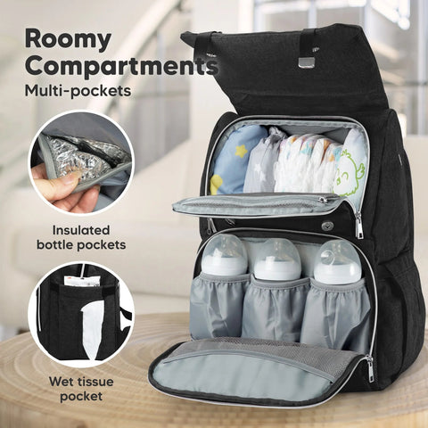 KeaBabies Explorer Diaper Bag, Trendy Black, Spacious, Durable, Multi-Pocket Baby Bag, Comfortable Straps, Ideal for Moms & Dads