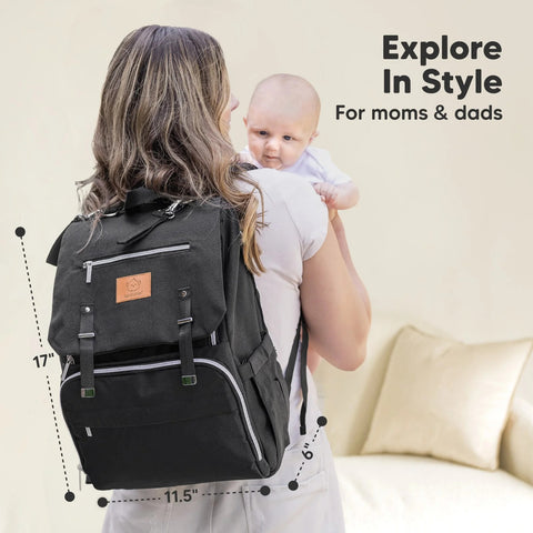 KeaBabies Explorer Diaper Bag, Trendy Black, Spacious, Durable, Multi-Pocket Baby Bag, Comfortable Straps, Ideal for Moms & Dads