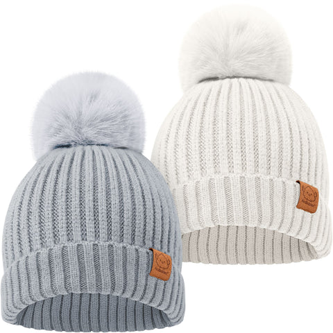 KeaBabies 2-Pack Pom Knitted Beanie, Soft Warm Baby Winter Hat for Newborns & Infants, Stretchy Knit Beanie with Pom Pom Design, Cloud