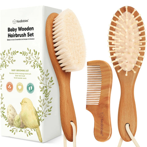 KeaBabies Baby Hair Brush and Comb Set, Soft Goat Bristle Brush for Newborns, Gentle Scalp Care & Cradle Cap Grooming Set, Golden Oak