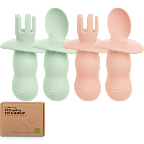 KeaBabies Lil’ Prep Baby Fork & Spoon Set, 2-Sets, Soft Handle, Easy Grip, Safe BPA Free, Mellow