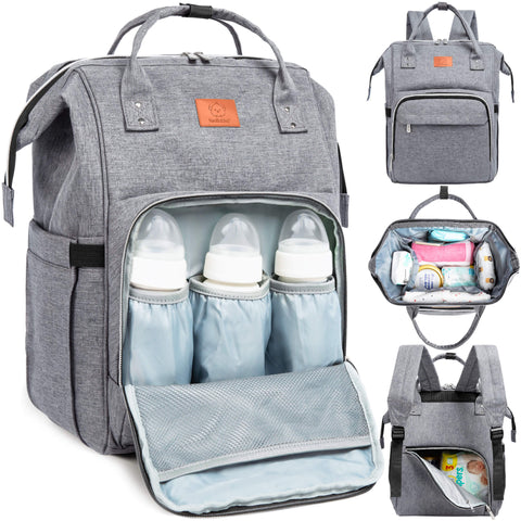 KeaBabies Original Diaper Bag, Classic Gray, Large, Multi-Functional, Organized Compartments, Durable & Stylish, Travel Baby Bag