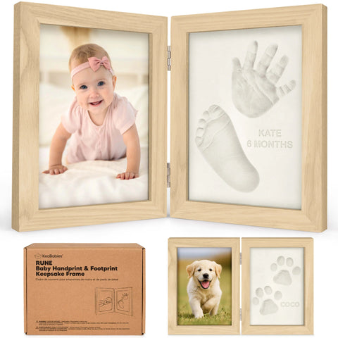 KeaBabies Rune Hand & Footprint Keepsake Frame, Ash Wood, Elegant Memory Frame to Preserve Baby’s Handprints and Footprints, Mess-Free Inkless Capture, Thoughtful Newborn or Baby Shower Gift