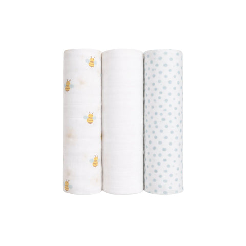 Lulujo - 3-Pack Bamboo Muslin Swaddle Blankets - Bees, Dots & White
