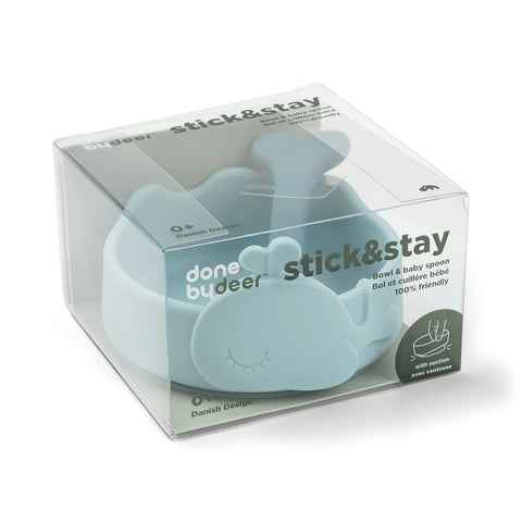 Done By Deer Silicone Stick&Stay Bowl & Baby Spoon Wally Blue