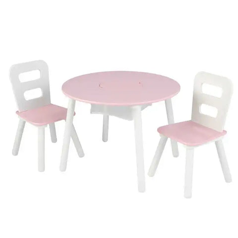 Round Storage Table & 2 Chair Set- White & Pink - For shipping charges please contact us on WhatsApp