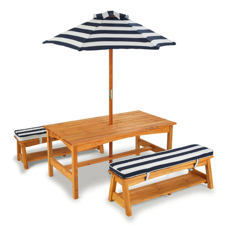 Outdoor Table & Bench Set with Cushions & Umbrella - Navy & White Stripes - www.toybox.ae
