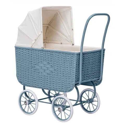 DOLL PRAM - RETRO RATTAN BLUE - www.toybox.ae
