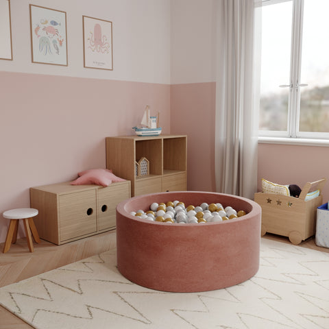 Round Ball Pit - Velvet Marsala - 90X40 W200 Balls (White, Light Grey, Golden) - www.toybox.ae