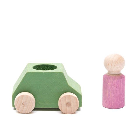 Green wooden car with pink figure - www.toybox.ae