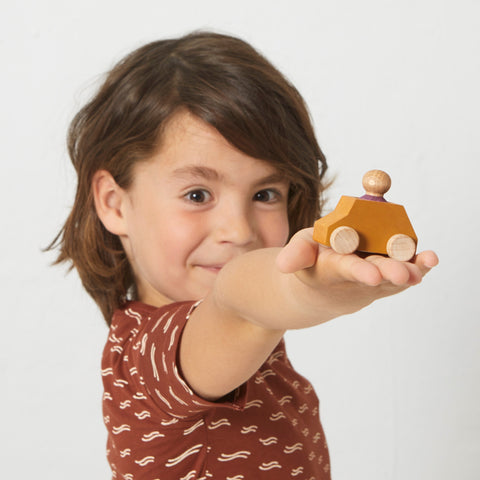 Ochre wooden car with plum figure - www.toybox.ae