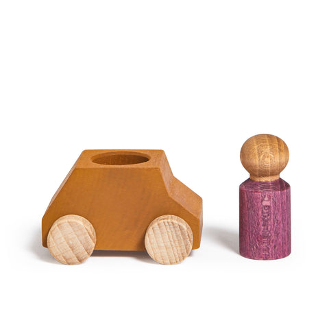 Ochre wooden car with plum figure - www.toybox.ae
