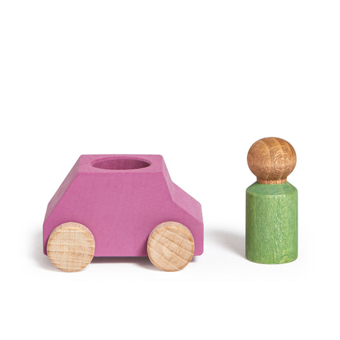 Pink wooden car with green figure - www.toybox.ae